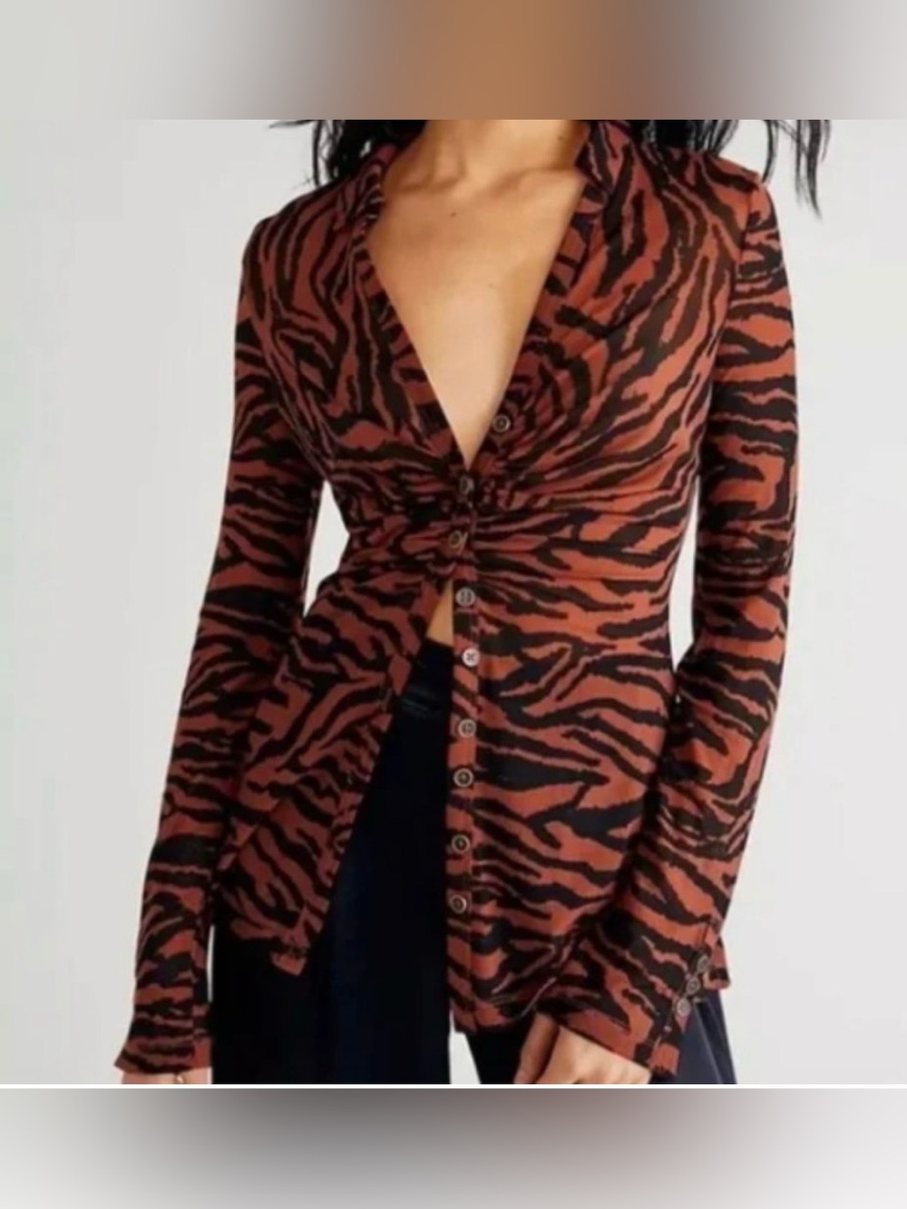 Free People Brown and Black Zebra Print Button-Up Top